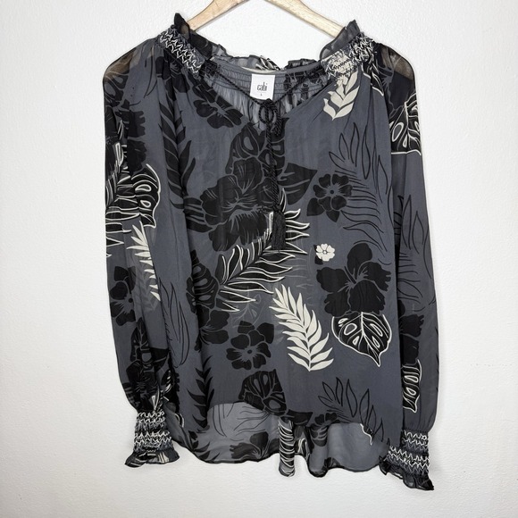 Cabi Aloha Tropical Gray Sheer Long Sleeve Top Blouse Swim Cover Womens Large - Picture 1 of 11